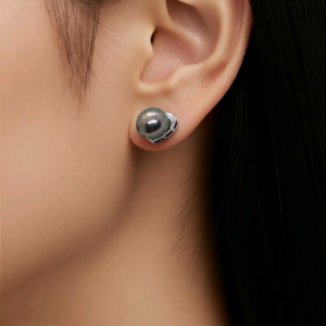 Real freshwater pearl earring stainless steel setting, iridescent peacock
