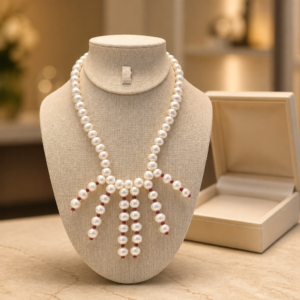 "Celestial bloom of a star" Bridal freshwater pearl necklace with faceted red agate